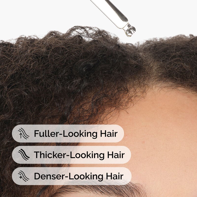 Hair with text indicating fuller, thicker, and denser hair.