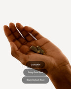  MENOPAUSE INGREDIENTS - herbal roots labeled 'Curcumin', 'Dong Quai Root', and 'Black Cohosh Root'