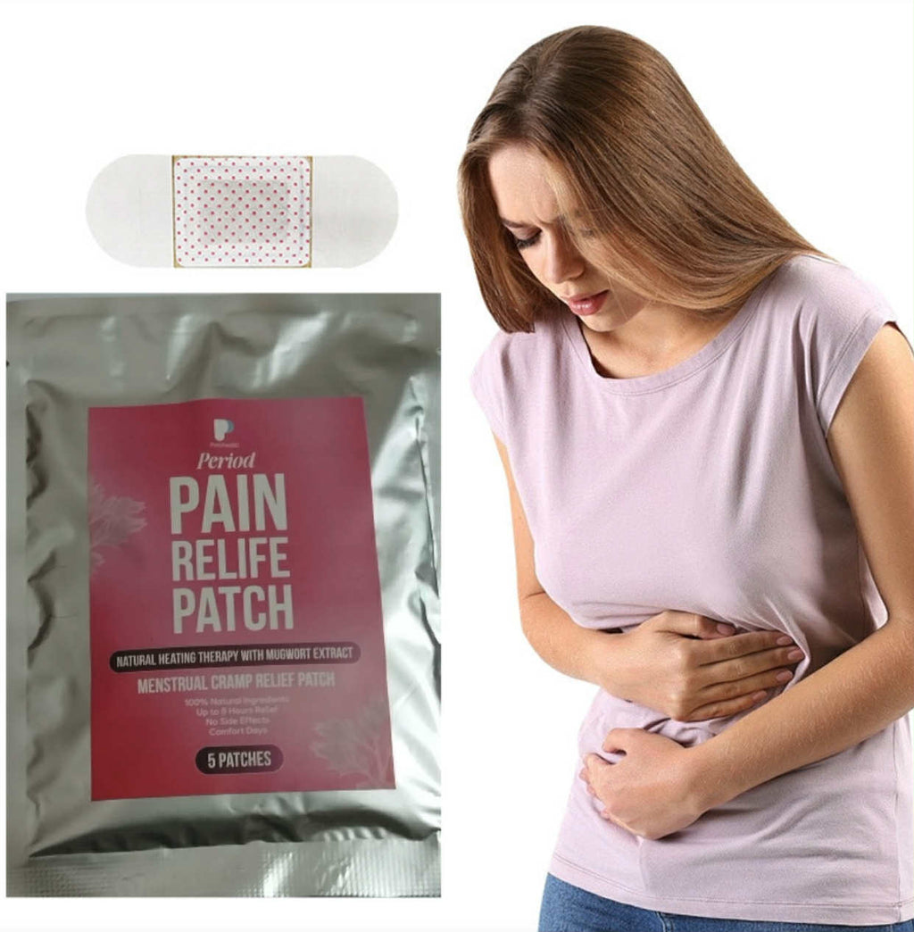 Woman experiencing PatchesBD menstrual cramps with a 'Pain Relief Patch' packaging and a bandage on a white background.
