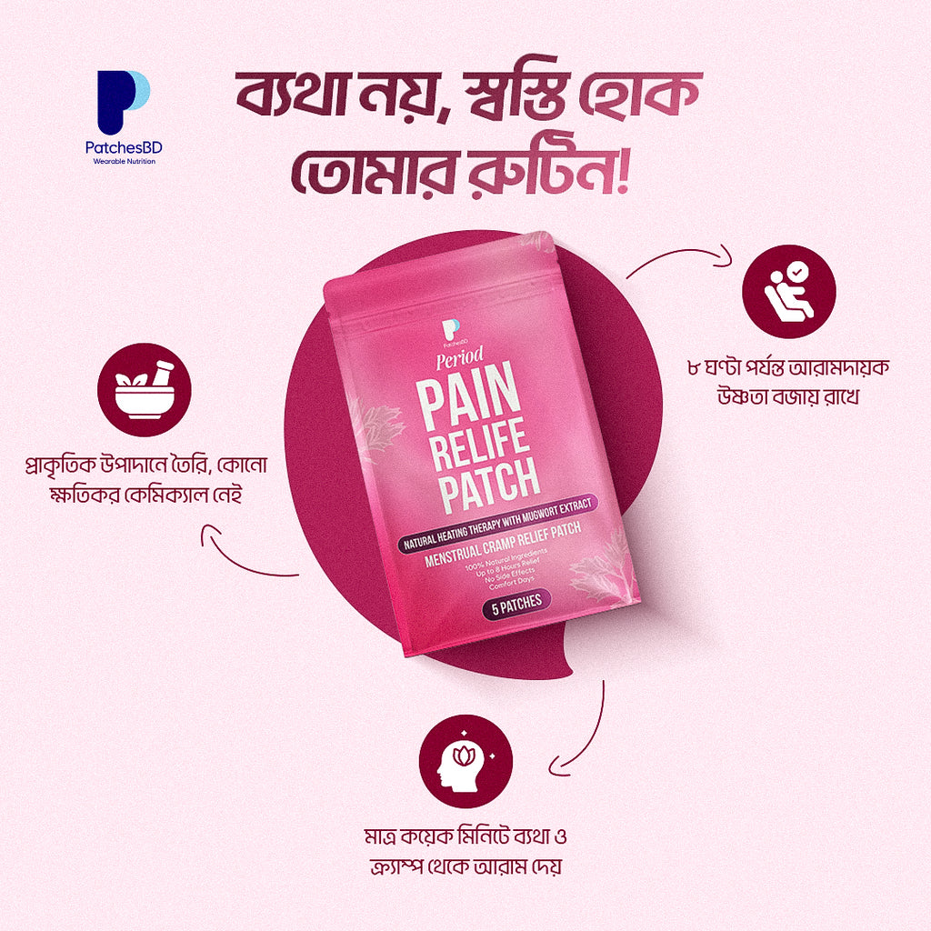 Pink 'Feminine Pain Relief Patch' packaging with text on a pink background
