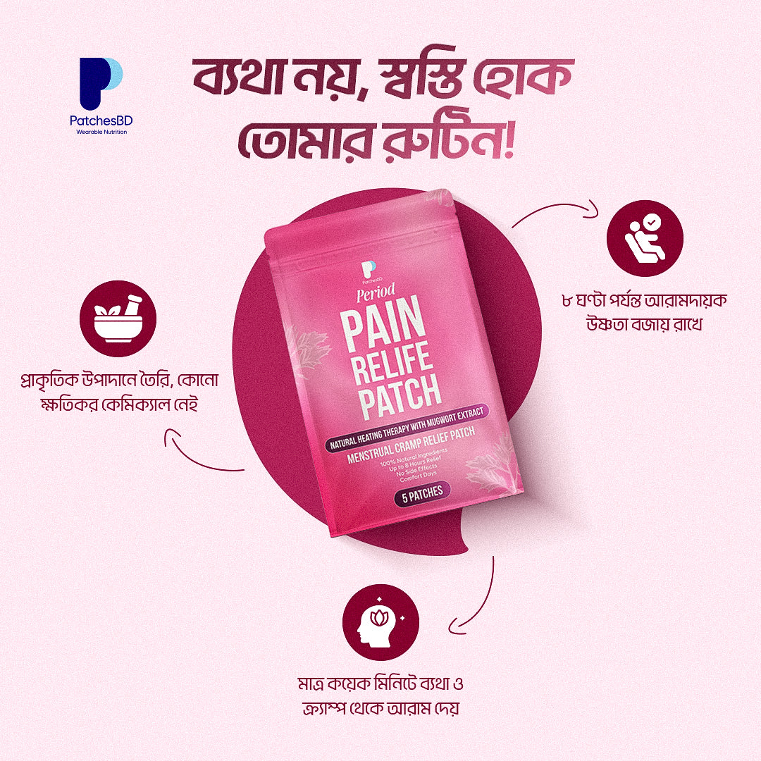 Pink 'Feminine Pain Relief Patch' packaging with text on a pink background
