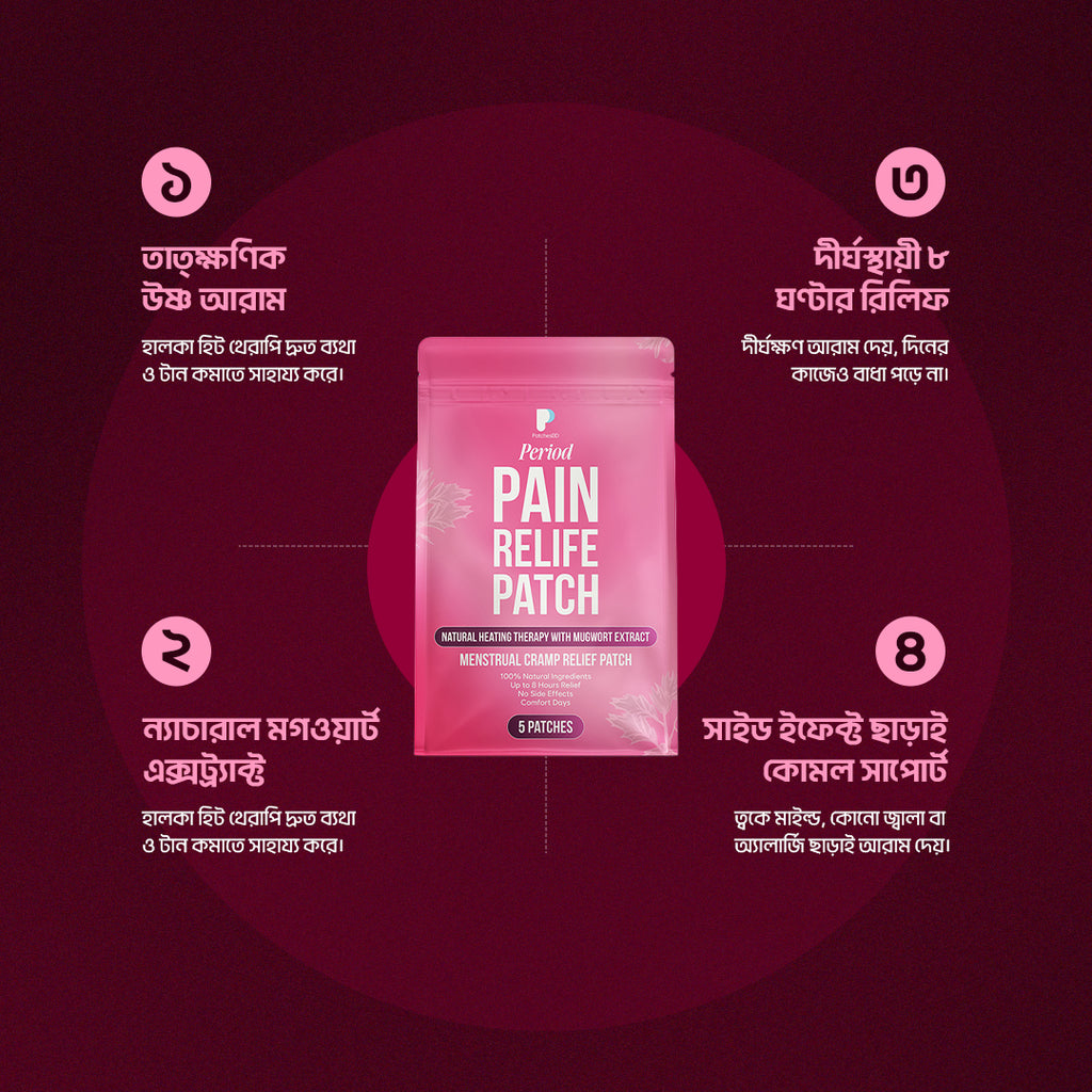 Pink packaging of Pain Relieve Patch on a dark red background with text. Period pain relief patch