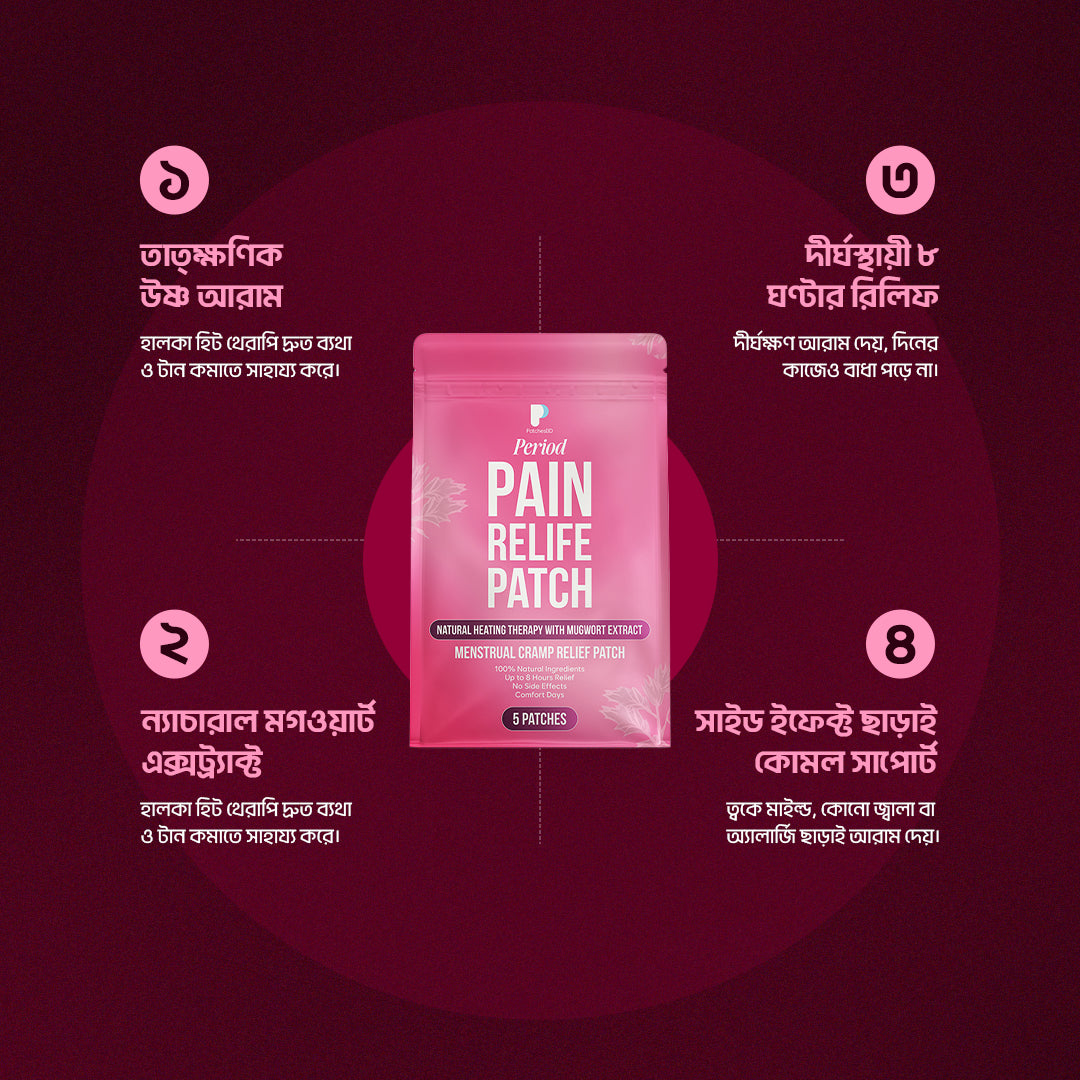 Pink packaging of Pain Relieve Patch on a dark red background with text. Period pain relief patch